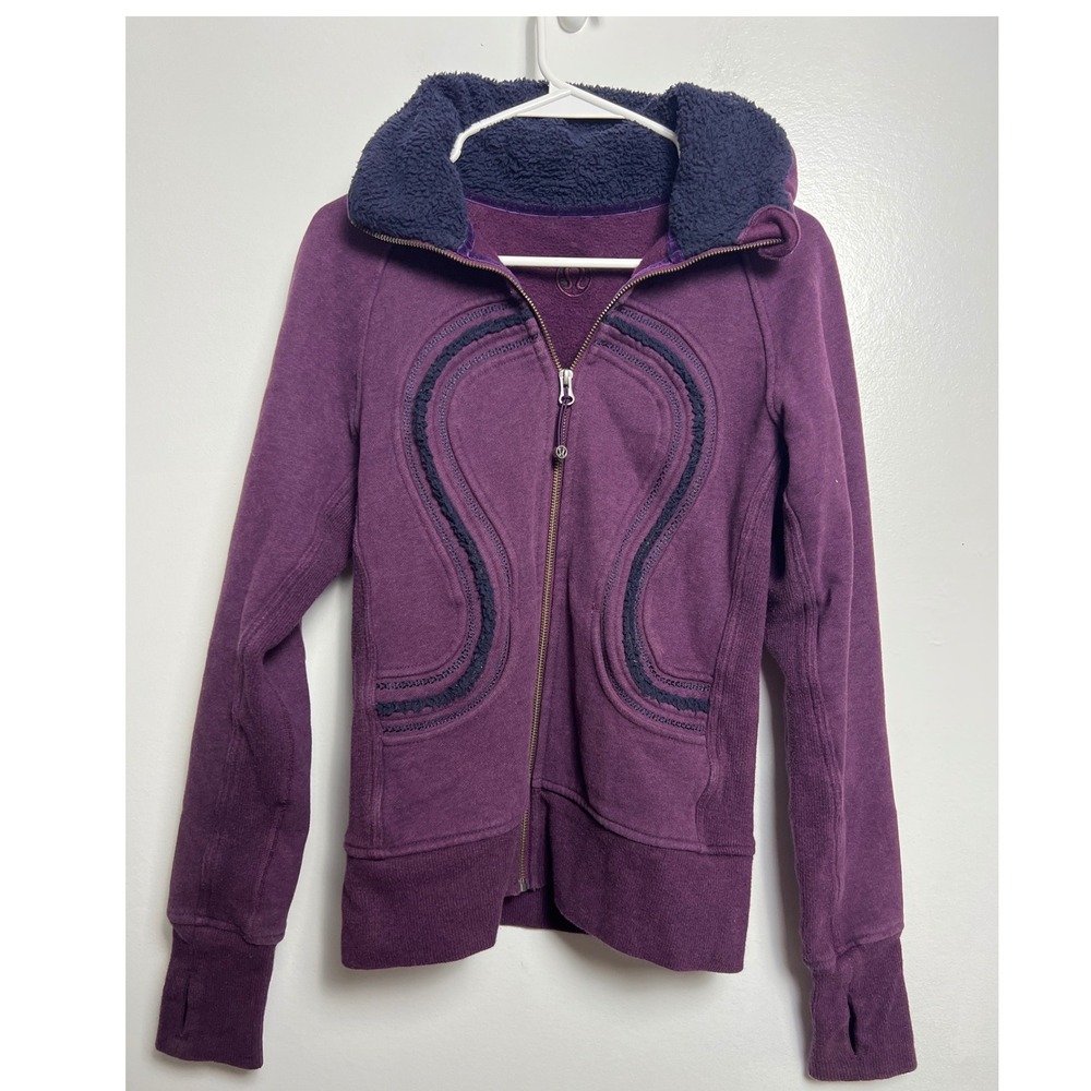 Lululemon Scuba Hoodie Full Zip Purple Sherpa Lined Hood Thumbholes 4 Cozy Sport